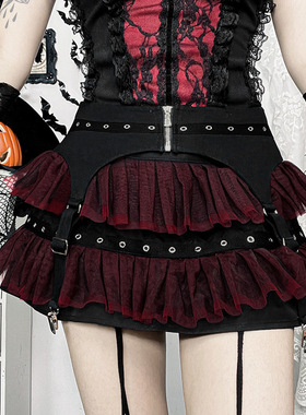 X24281黑红拼接网纱黑天鹅芭蕾半身裙女 暗黑风辣妹百搭短裙