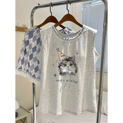 浅灰猫咪背心短裤睡衣女夏