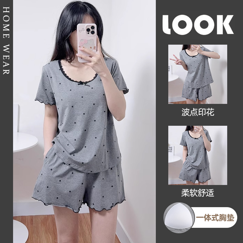 夏季新款女睡衣波点带胸垫家居服