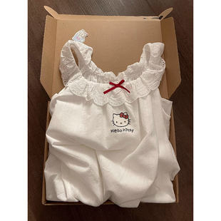 带胸垫棉纱睡裙甜美公主风HelloKitty吊带连衣裙百搭少女白色睡衣