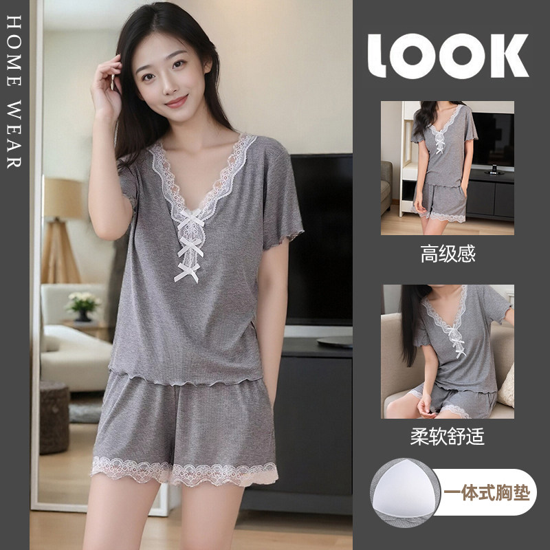 莫代尔冰丝蕾丝花边睡衣女夏季带胸垫短袖短裤可外穿V领灰色套装,女士内衣/男士内衣/家居服,睡衣/家居服套装,淘宝优惠券,粉丝福利购,淘宝优惠卷