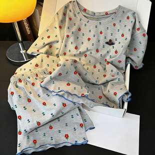 复古小花睡衣女夏季2026新款甜美大码短袖长裤夏天纯棉家居服套装