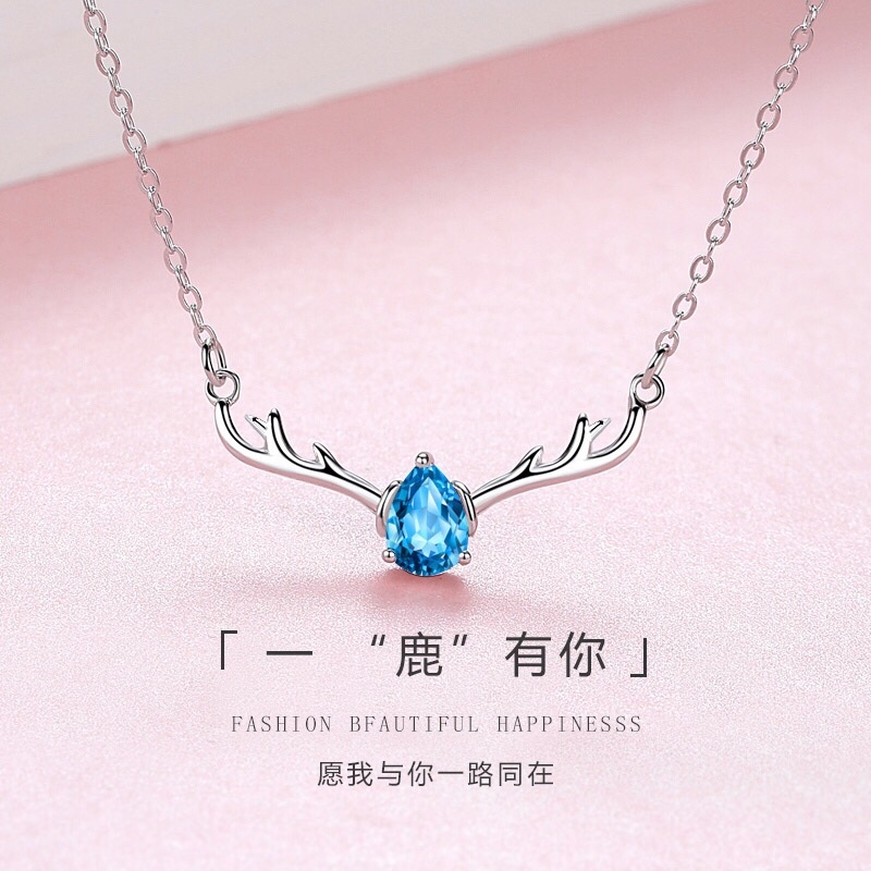 925纯银网红同款小鹿角一路有你月光石蓝色水滴吊坠短款锁骨项链|ruв категории Украшения,ювелирные изделия, ожерелье - от Buy2taobao.com для оказания профессиональной услуги покупки агента Taobao