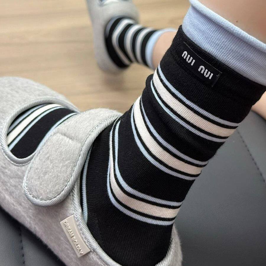 夏季ins百搭布标撞色中筒堆堆袜
