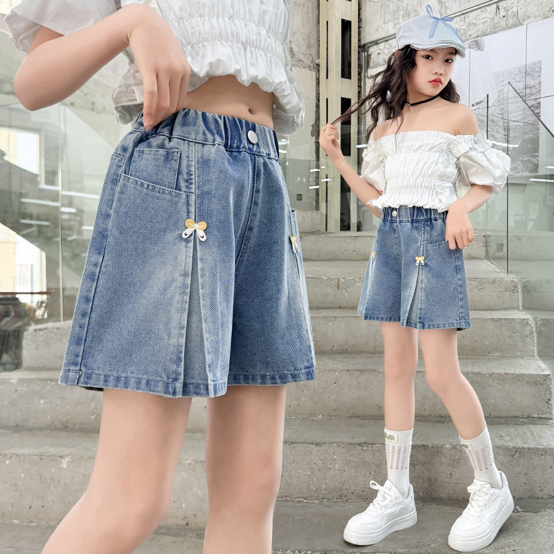 女童高腰牛仔短裤夏季薄款中大童松紧腰直筒裤子学生2026春夏新款