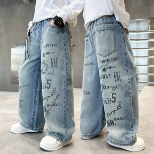 涂鸦印花牛仔裤男女宽松直筒长裤街头风休闲百搭2026新款韩版裤子