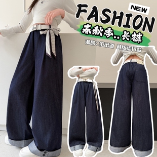 女童韩版阔腿牛仔裤春秋新款宽松系带长裤洋气休闲裤2026新款时尚