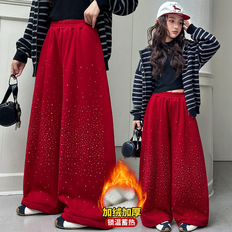 时髦炸街重工烫钻加绒阔腿裤女红色弯刀休闲裤冬季新款加绒裤长裤