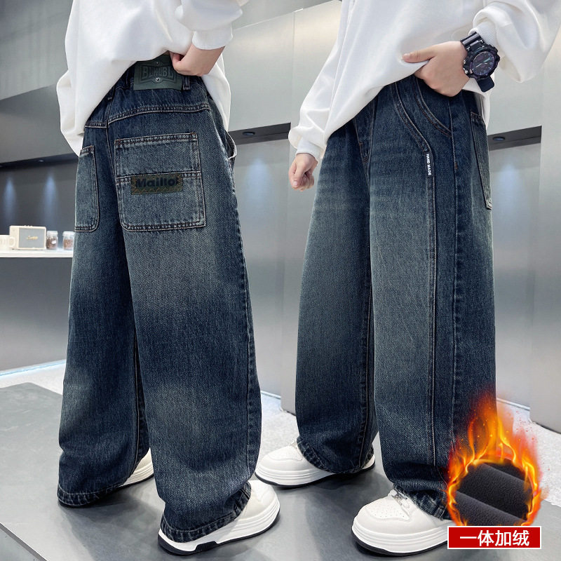 儿童装男童加绒直筒牛仔裤冬装2025新款中大童秋冬款加厚冬季裤子