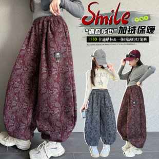 女童加绒灯笼裤冬季保暖束脚裤卡通印花长裤儿童加厚裤子哈伦裤