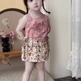 女童套装 儿童上衣碎花短裙 2025夏季 女宝宝洋气立体花朵吊带衫