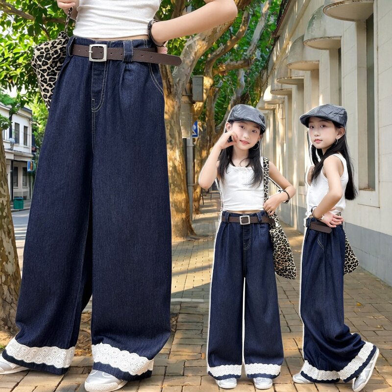 女童牛仔阔腿裤2026新款洋气花边拼接宽松直筒裤休闲长裤童装裤子