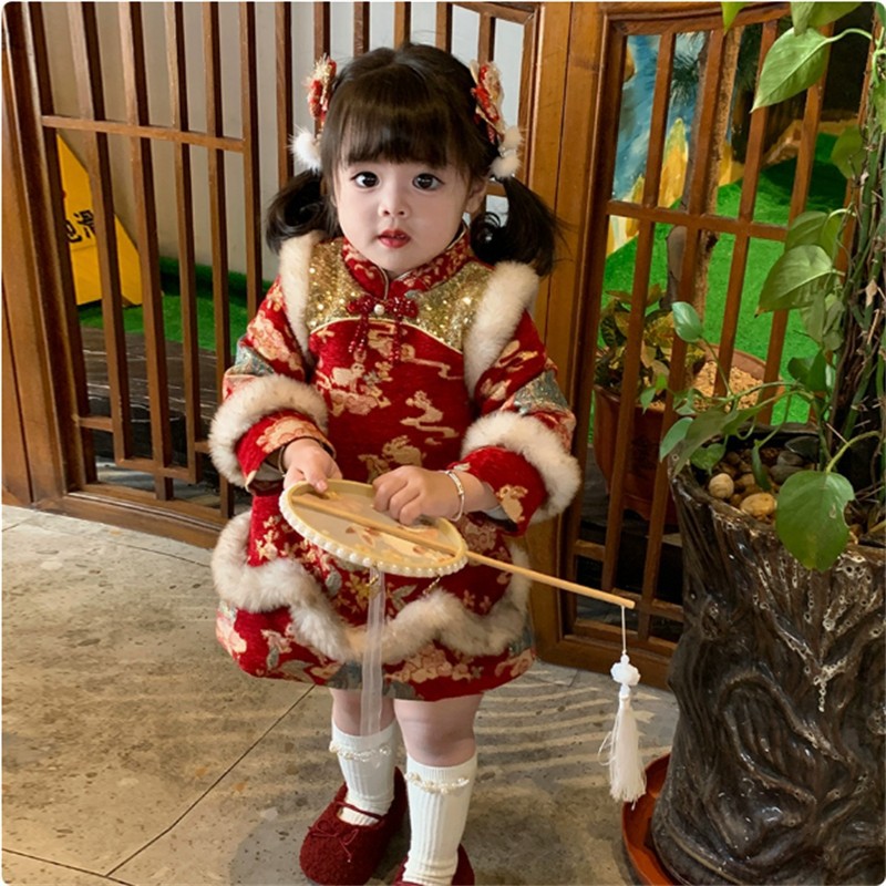 女童拜年服2024新款冬季装唐装周岁礼服小童女宝宝过年旗袍汉服裙