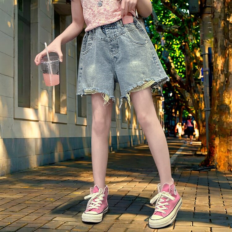 美式复古牛仔短裤女小个子夏季薄款高腰破洞毛边辣妹a字超短热裤