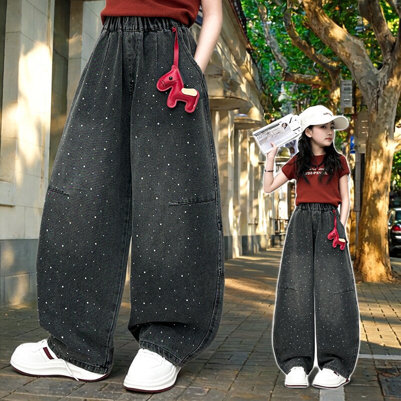 女童春秋牛仔裤2026新款韩版洋气星星印花弯刀裤松紧腰休闲裤直筒