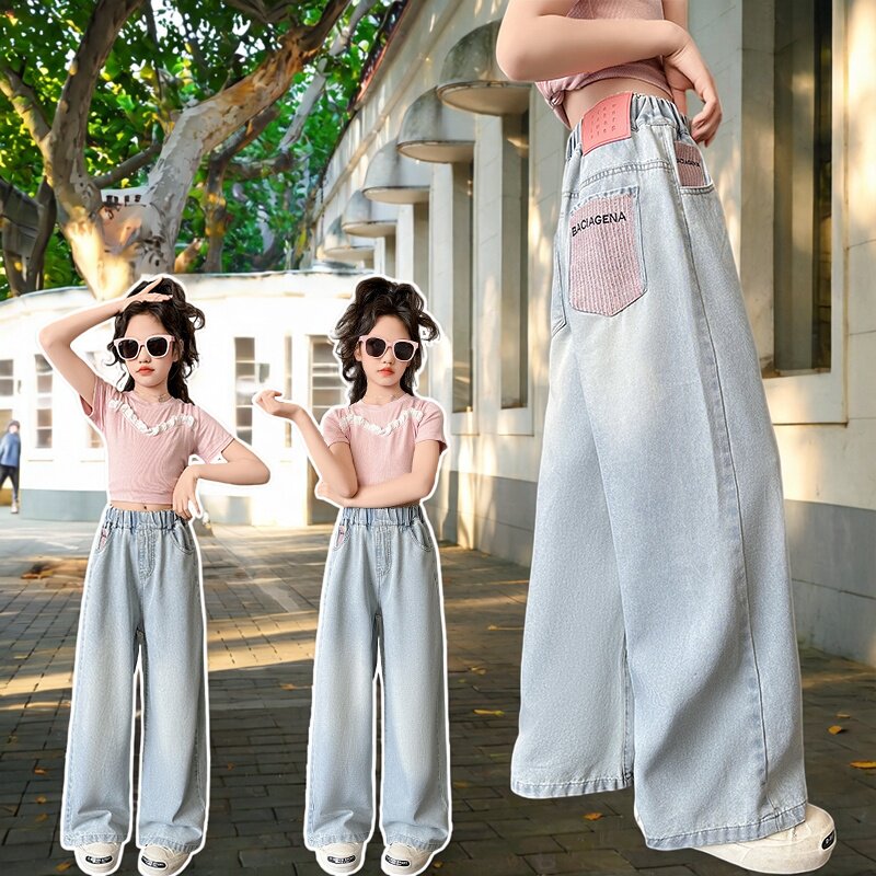 女童牛仔阔腿裤夏季薄款宽松洋气高腰直筒长裤大童裤子2026新款潮