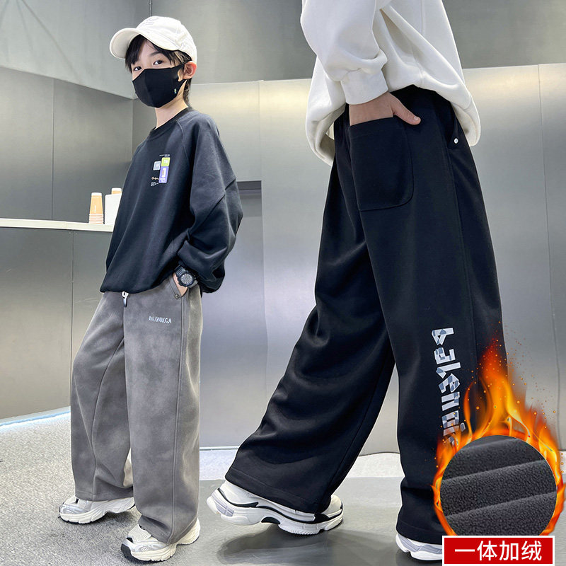 男童加绒休闲裤冬季保暖直筒阔腿裤中大童加厚长裤子潮2026年新款