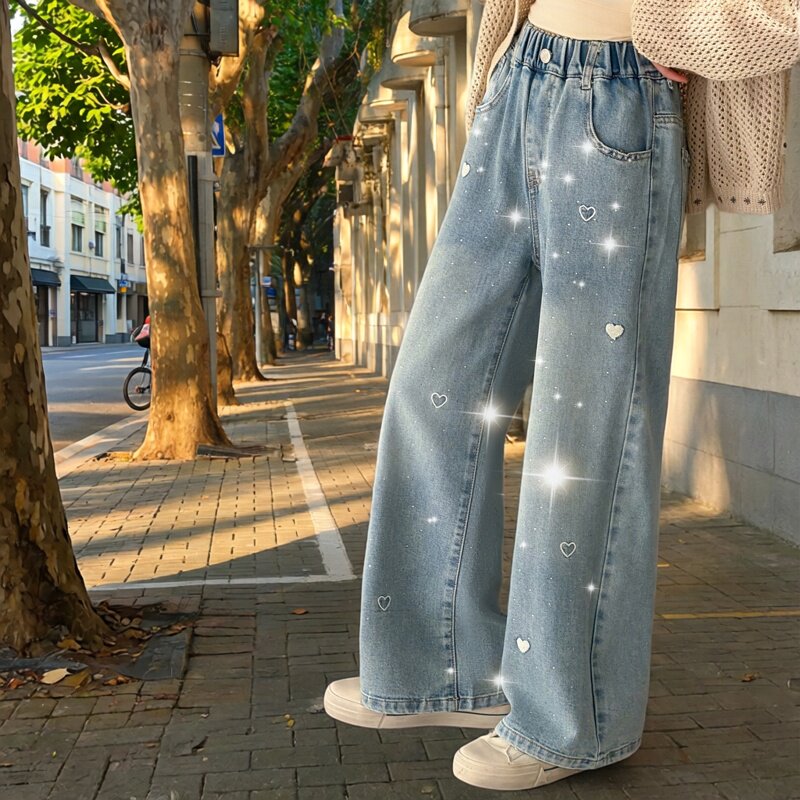 女童满天星爱心牛仔裤韩版中大童洋气直筒阔腿裤百搭长裤亮片2026