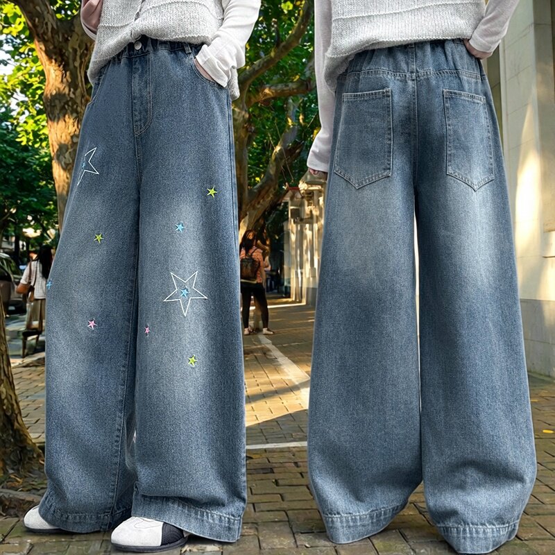 女童牛仔阔腿裤春秋刺绣星星直筒长裤中大童洋气百搭休闲裤2026潮