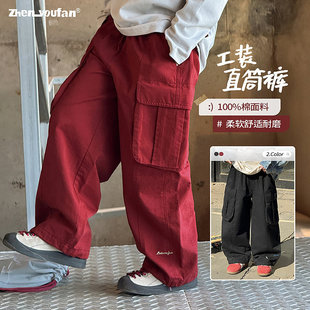 童装男童直筒工装裤2026春季新款儿童红色纯棉裤子大童春装拜年服