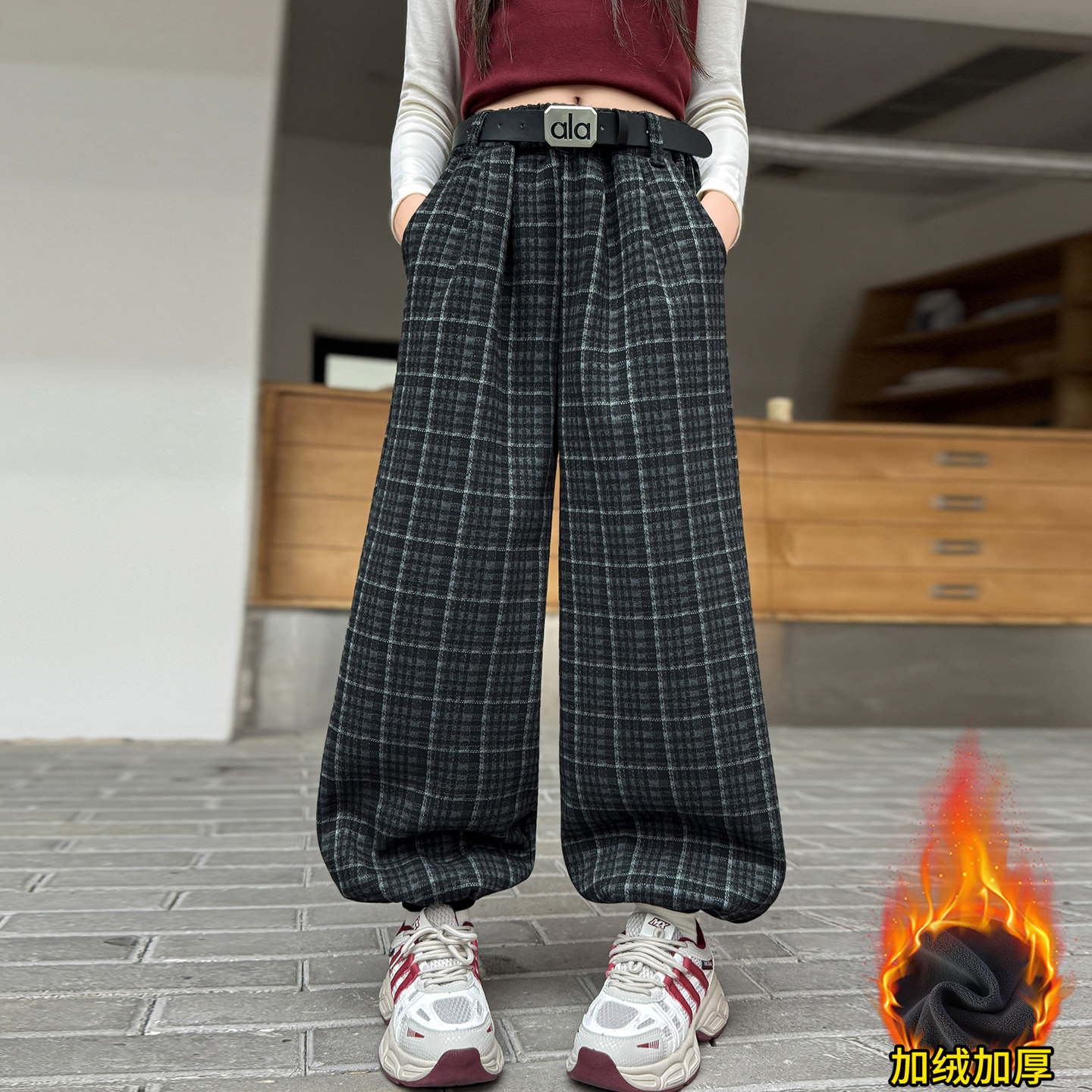 女童复古格子束脚裤加绒加厚保暖阔腿裤冬季休闲长裤格纹2026新款