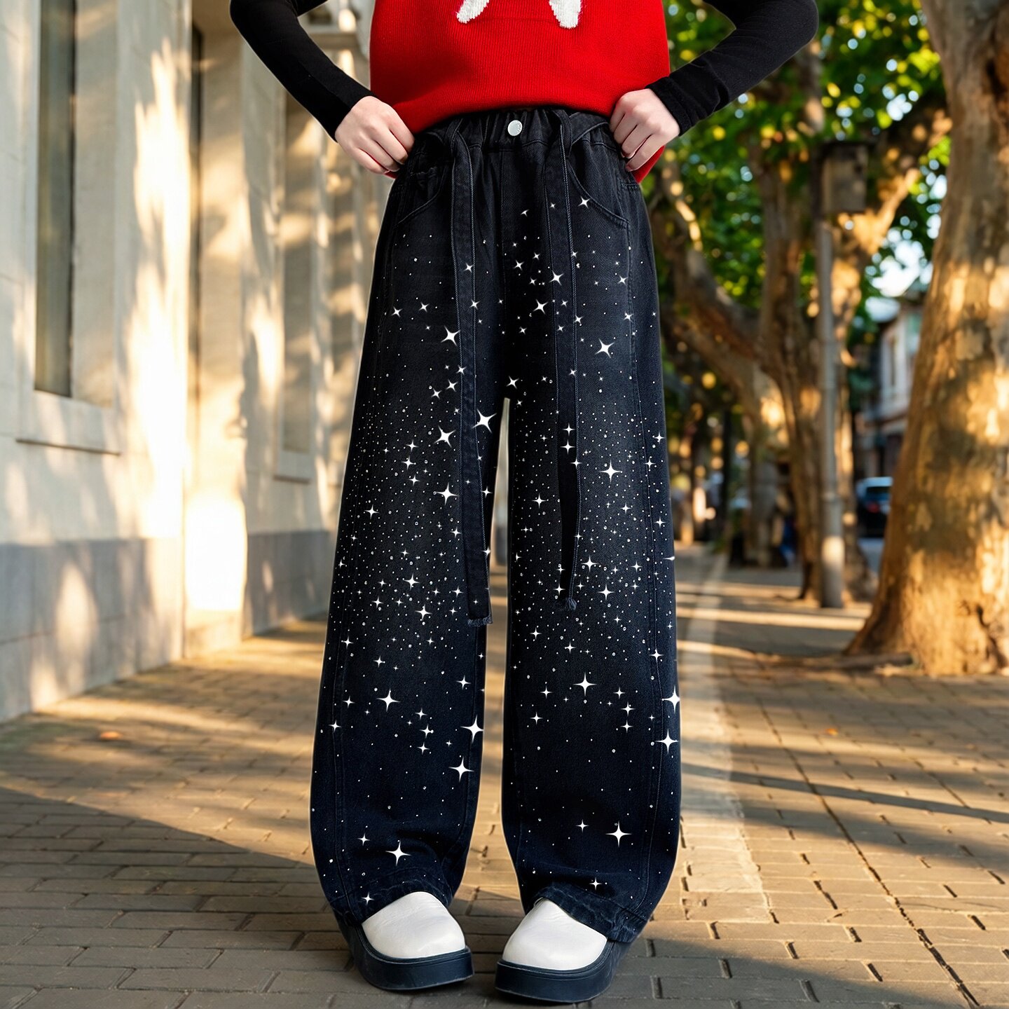 女童满天星牛仔裤黑色阔腿裤休闲百搭直筒长裤时尚潮流2026年新款