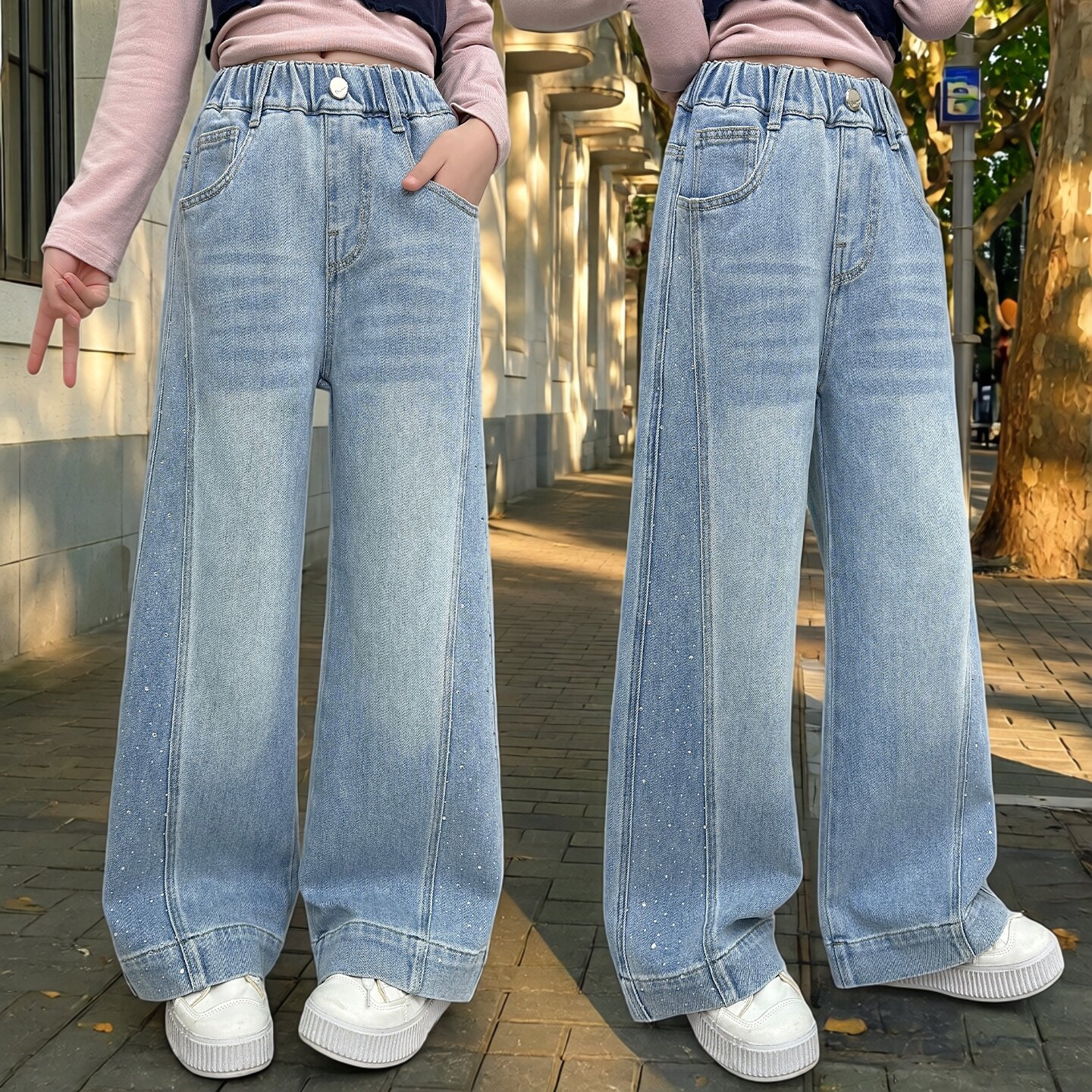 女童春秋烫钻牛仔裤韩版中大童洋气直筒百搭阔腿裤甜美风2026新款