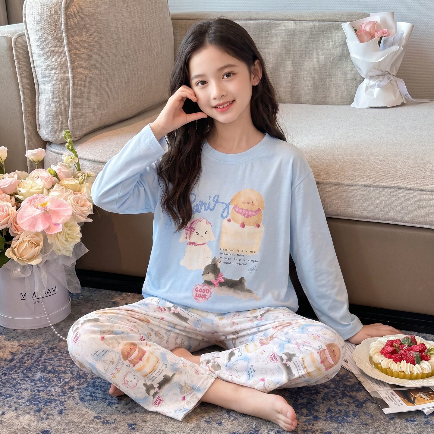 女童甜美纯棉春秋款睡衣a类长袖卡通家居服套装亲子中大童