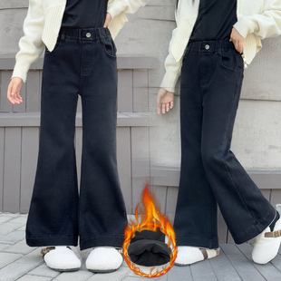 黑色加绒微喇叭牛仔裤女童中大童松紧腰修身弹力长裤喇叭裤保暖