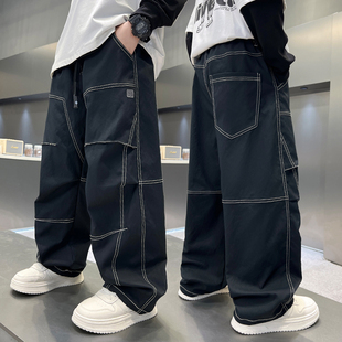 男童黑色工装裤宽松休闲长裤中大童潮流百搭分割线设计感裤子2026