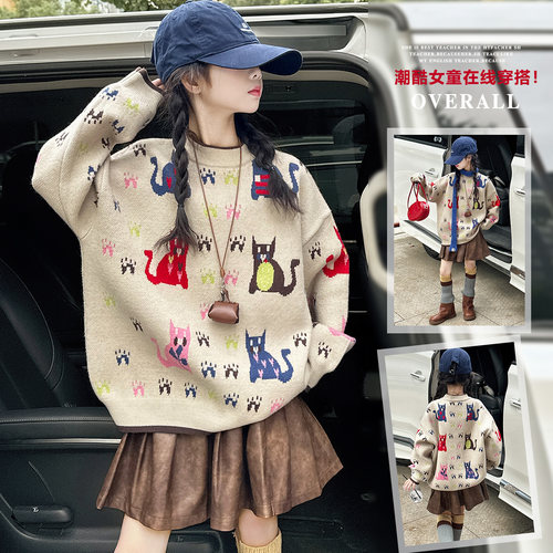 韩版女童秋冬加厚猫咪针织衫