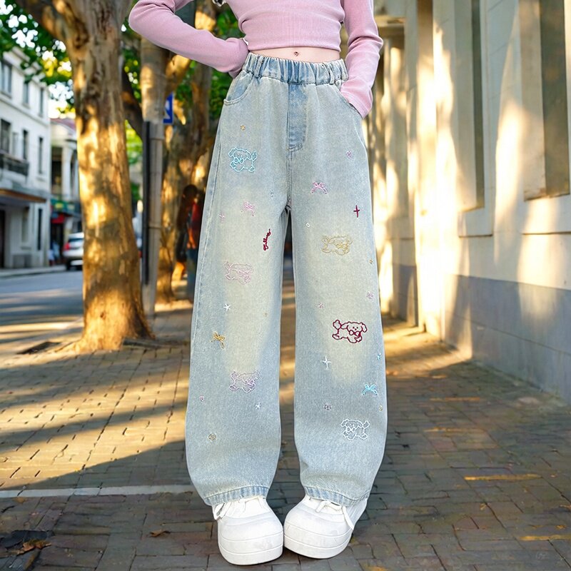 女童刺绣牛仔阔腿裤春秋新款洋气直筒长裤中大童松紧腰裤子2026年