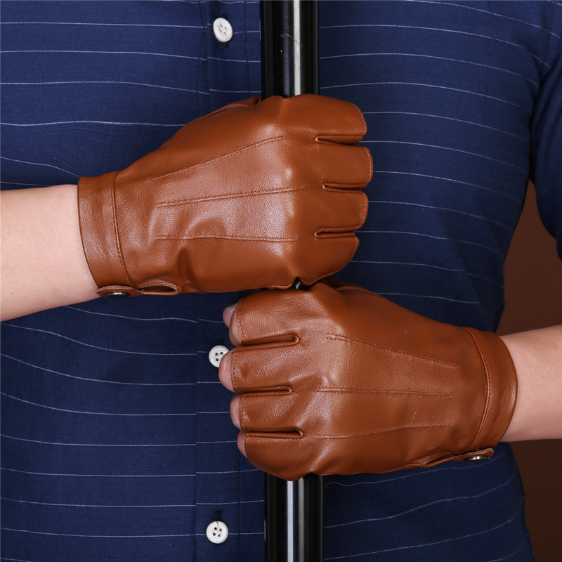 棕色真皮户外骑行防滑登山驾开车加绒保暖舒适露指半指运动手套男