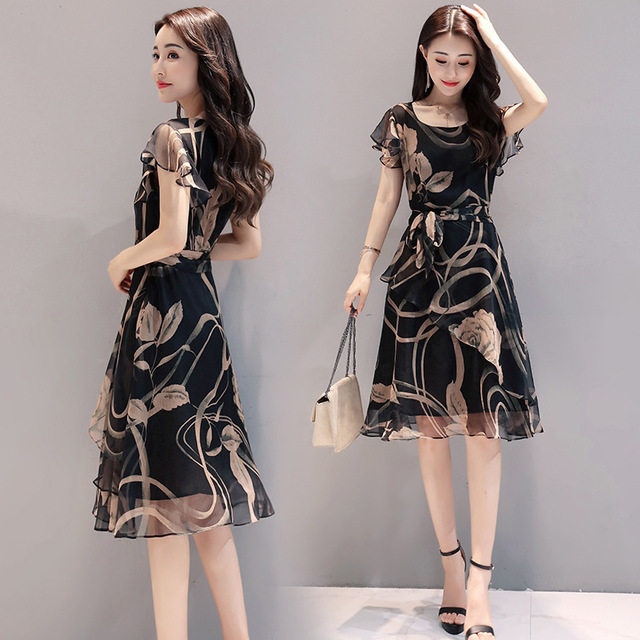 2026夏季新款女装韩版显瘦大码印花雪纺连衣裙时尚气质A字中长裙