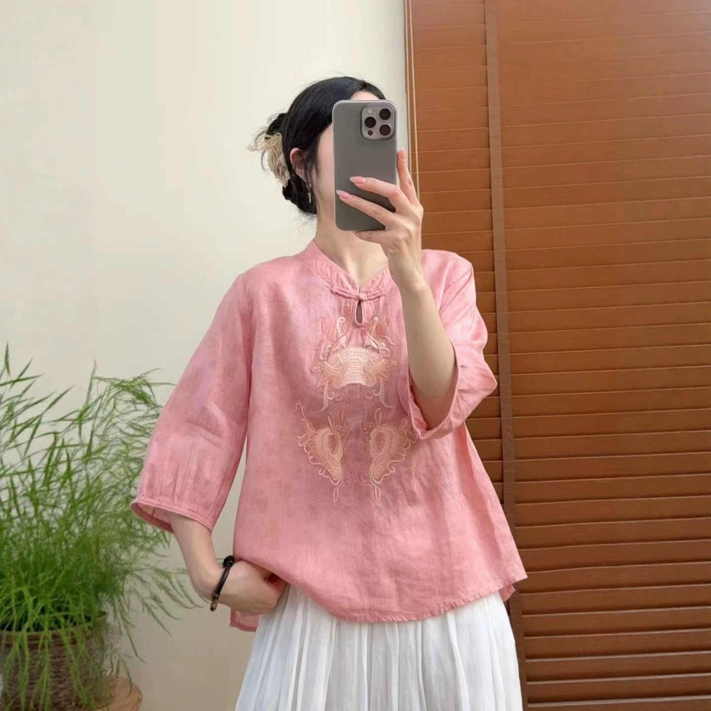 苎麻绣花国风盘扣茶服提花中袖衬衫2026复古文艺立领轻薄百搭上衣