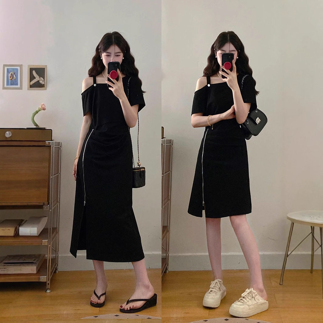 2026年大码女装设计感露肩短袖连衣裙女夏胖MM藏肉显瘦气质闺蜜裙