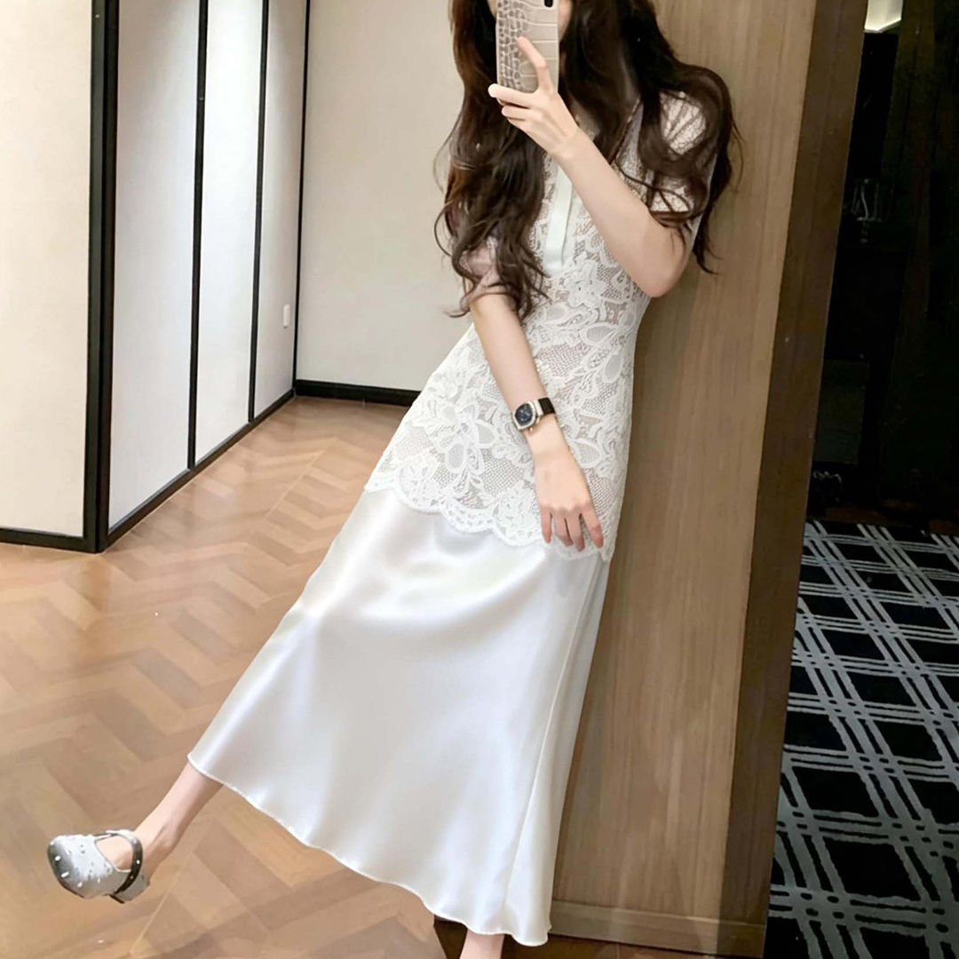法式气质白色蕾丝衬衫连衣裙女2026夏季新款巨好看收腰显瘦长裙子