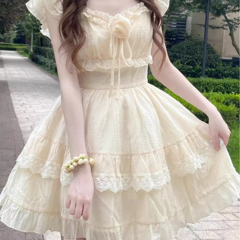 W2F法式甜美小飞袖连衣裙女夏季初恋清新奶甜公主蛋糕裙收腰蓬蓬