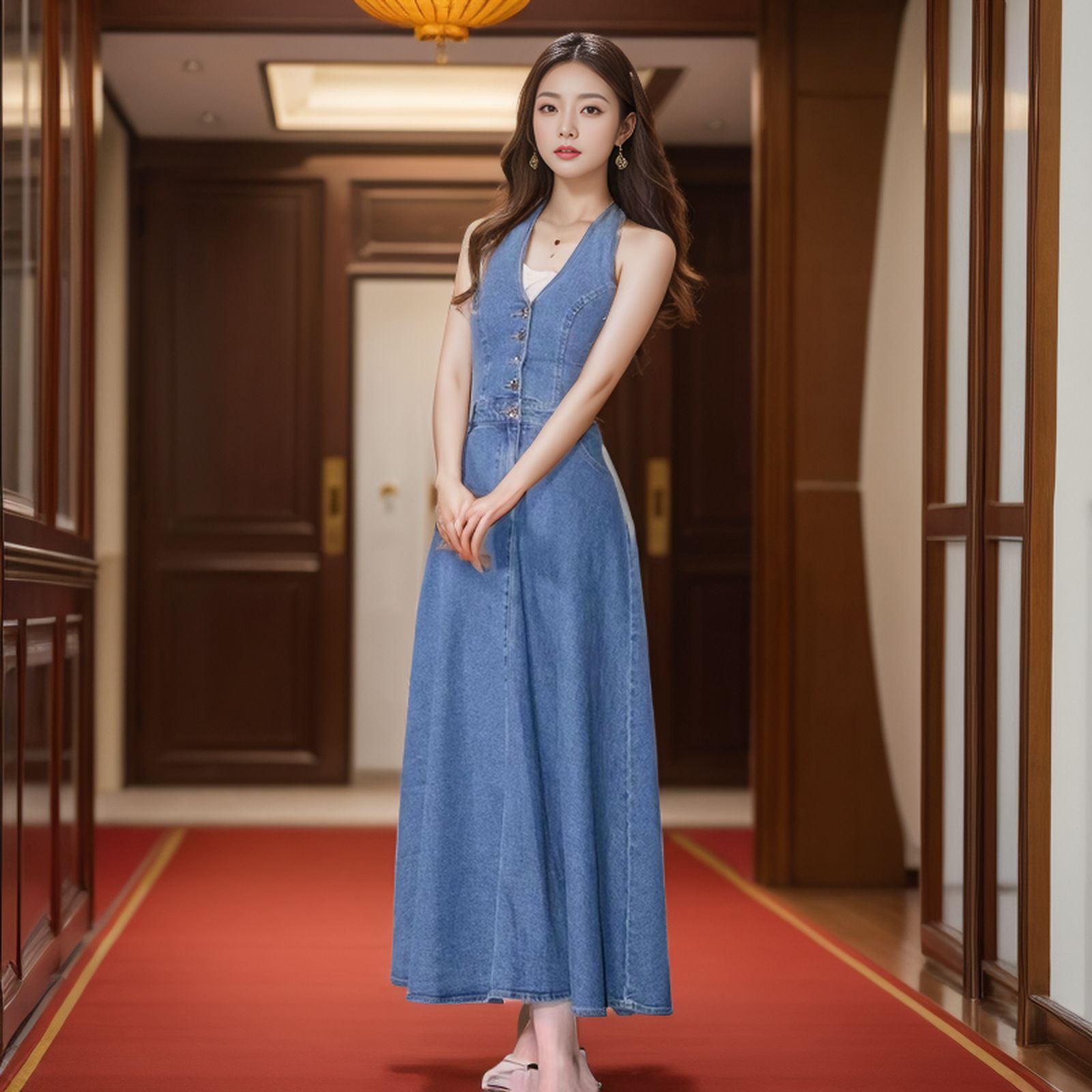 时尚气质复古蓝色挂脖收腰牛仔连衣裙夏季新款女修身显瘦性感裙子
