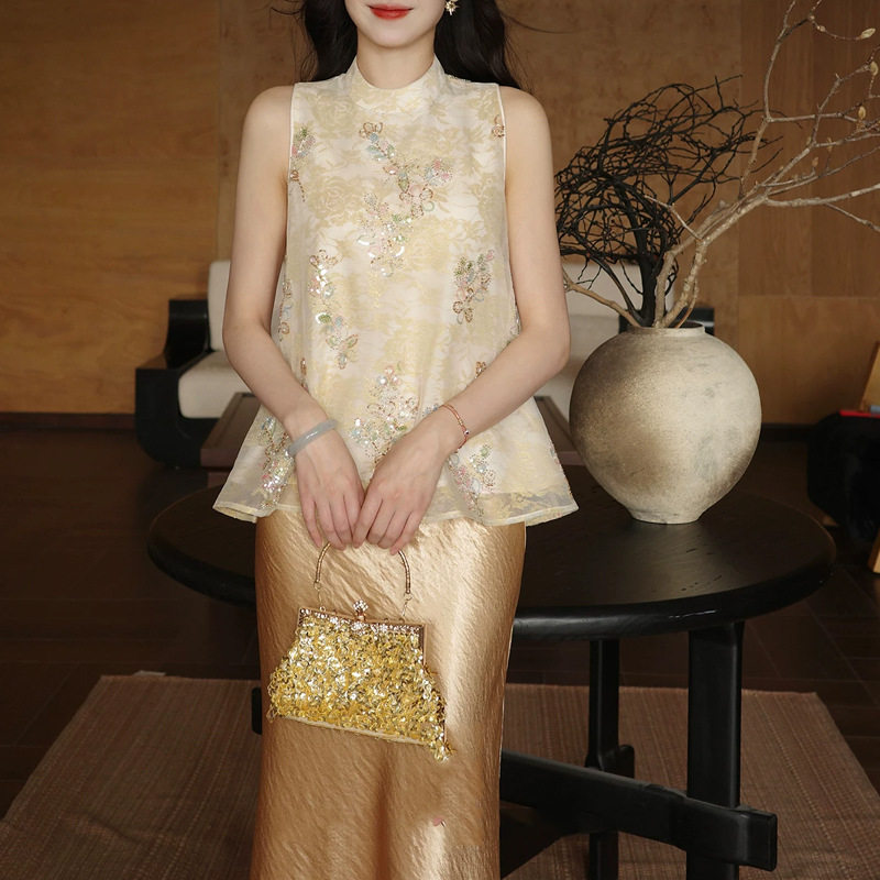 云华'新中式套装裙网纱绣花上衣女2026春夏缎面鱼尾半身裙两件套
