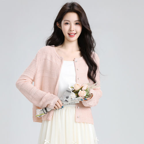 浅粉色圆领针织开衫女春2
