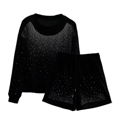 春夏满天星烫钻卫衣短裤设计款套