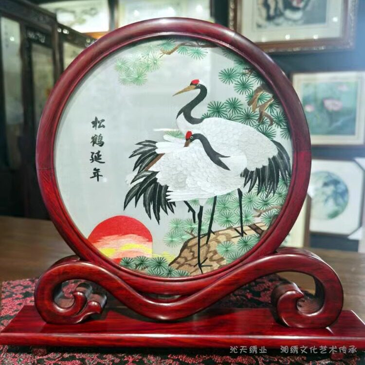 沁天刺绣祝寿精品松鹤花梨木框