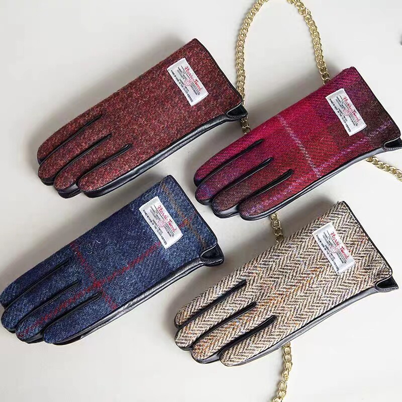 harris tweed哈里斯羊毛冬季保暖女款真皮手套加绒骑行开车触摸屏