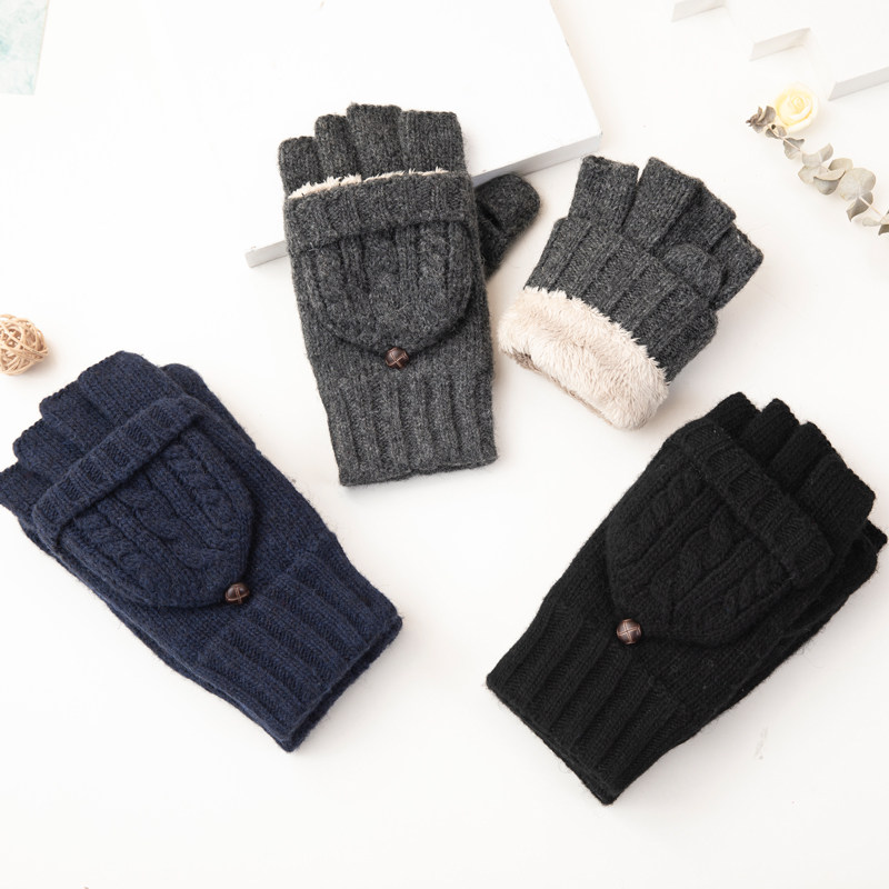 手套男秋冬季半指翻盖加绒露指手套韩版保暖加厚针织羊毛手套男士