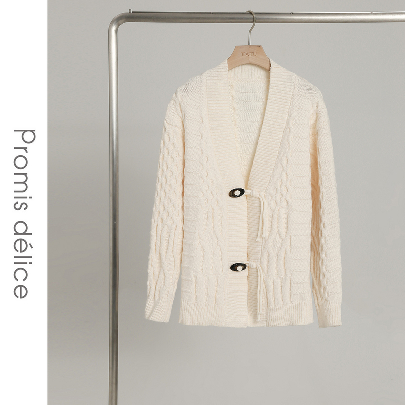 她图慵懒风v领麻花针织开衫女2025秋冬新款保暖宽松洋气毛衣外套