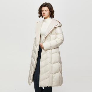 她图2024冬季新款时尚连帽中长款羽绒服女系带保暖气质白鸭绒外套