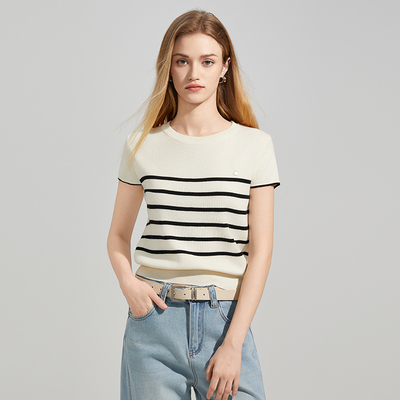 她图条纹圆领针织衫女短袖2025夏季新款修身显瘦绵羊毛圆领短上衣