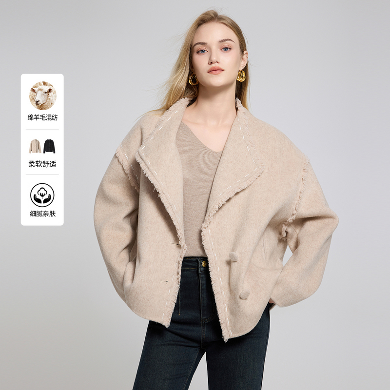 她图设计感时尚羊毛双面呢大衣女2025秋冬季新款休闲落肩毛呢外套