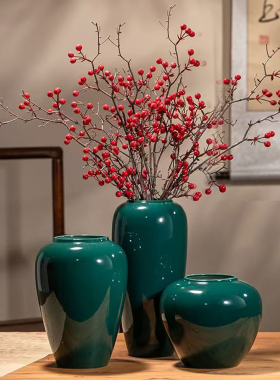 中古侘寂风墨绿亮釉陶瓷花瓶摆件